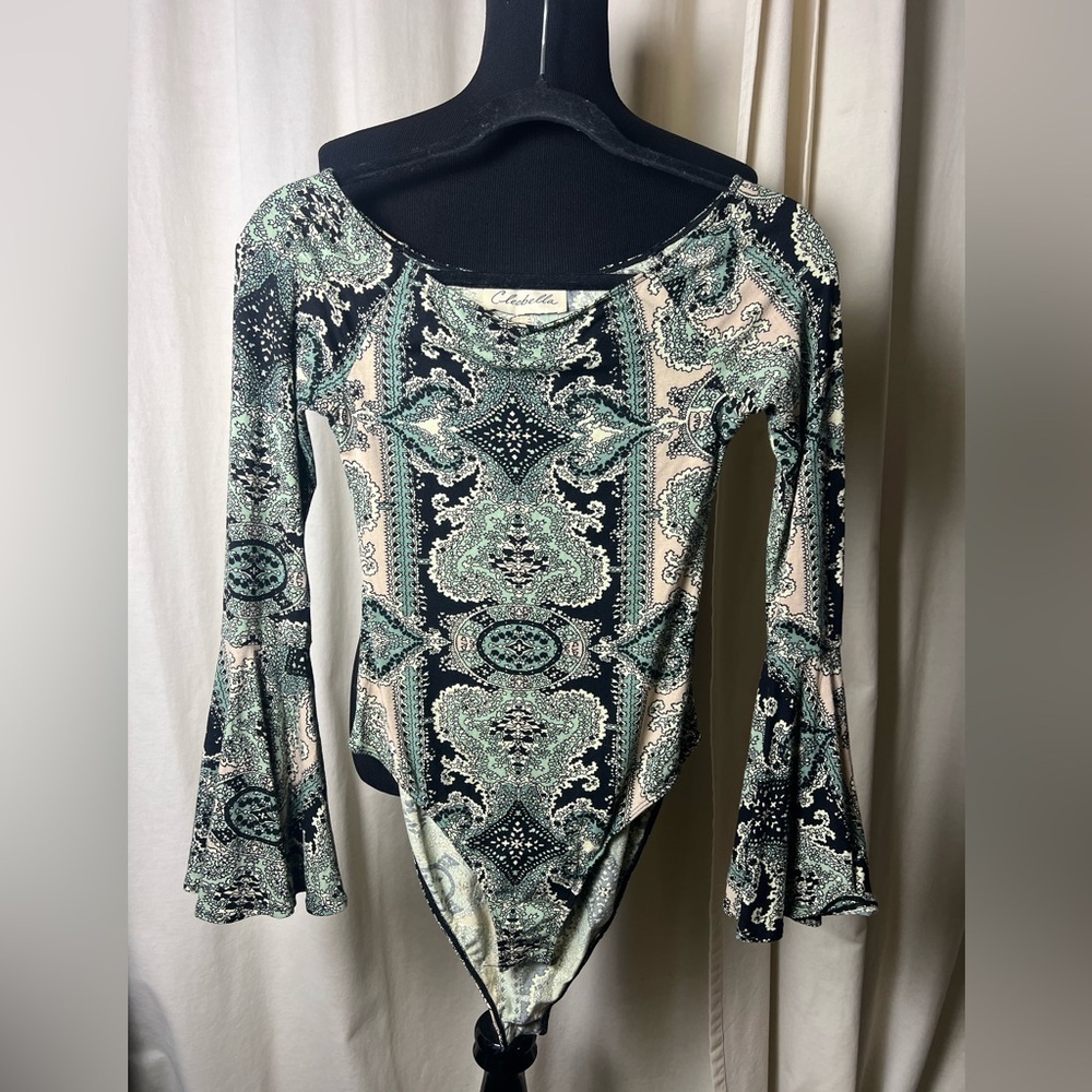 Cleobella Chic Paisley Long Sleeve Bodysuit - Black and Green